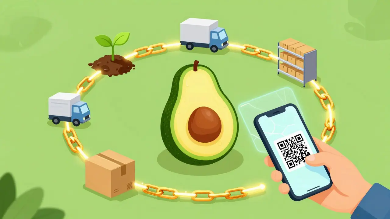 Karikatur einer Lieferkette mit Avocado und goldener Kette zur Rückverfolgbarkeit