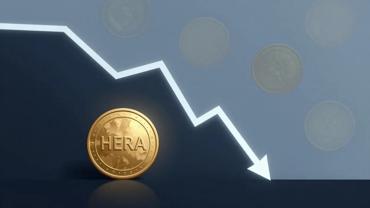 Konzeptionelle Illustration des starken Wertverlusts des HERA-Tokens auf einem abfallenden Diagramm.
