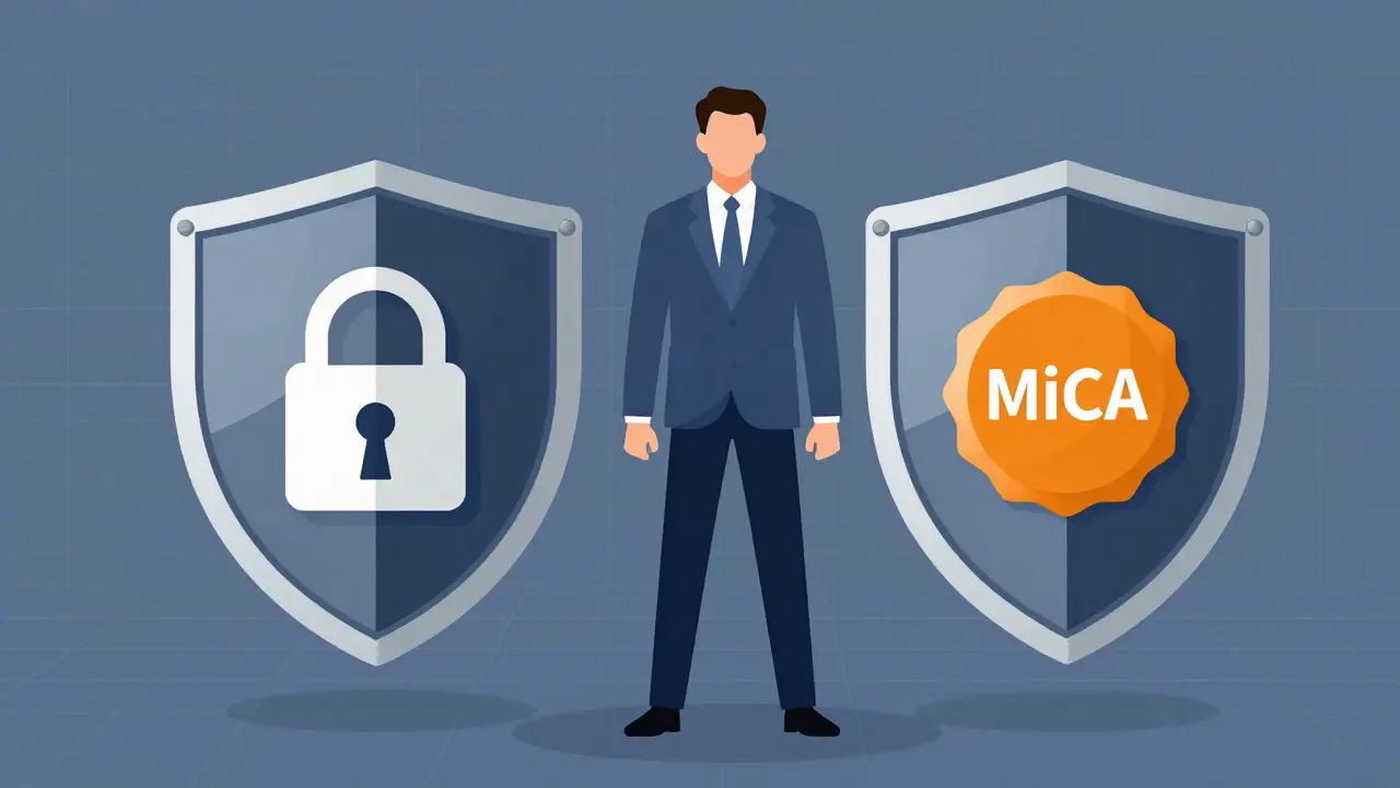 Schematische Darstellung: MiCA-Regulierung und KYC-Sicherheitsschilder für Investoren
