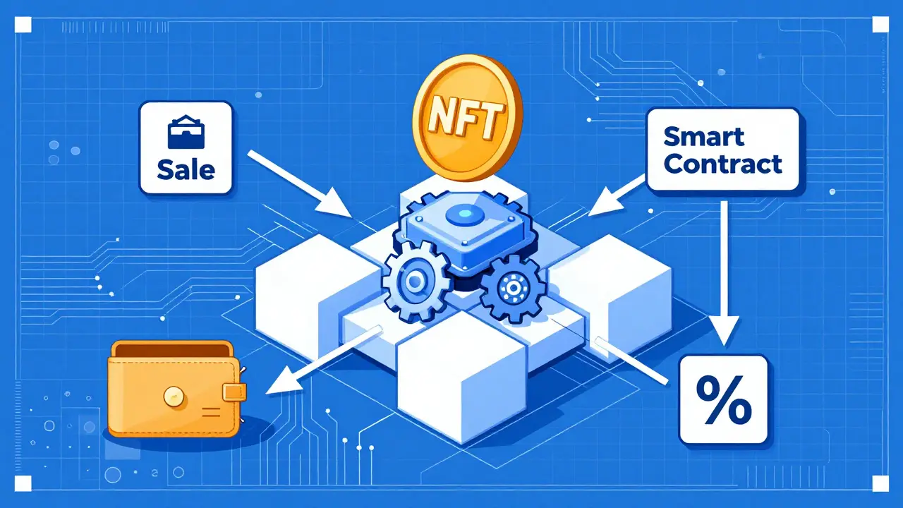 Schematische Darstellung von Smart Contracts und automatischen NFT-Tantiemen