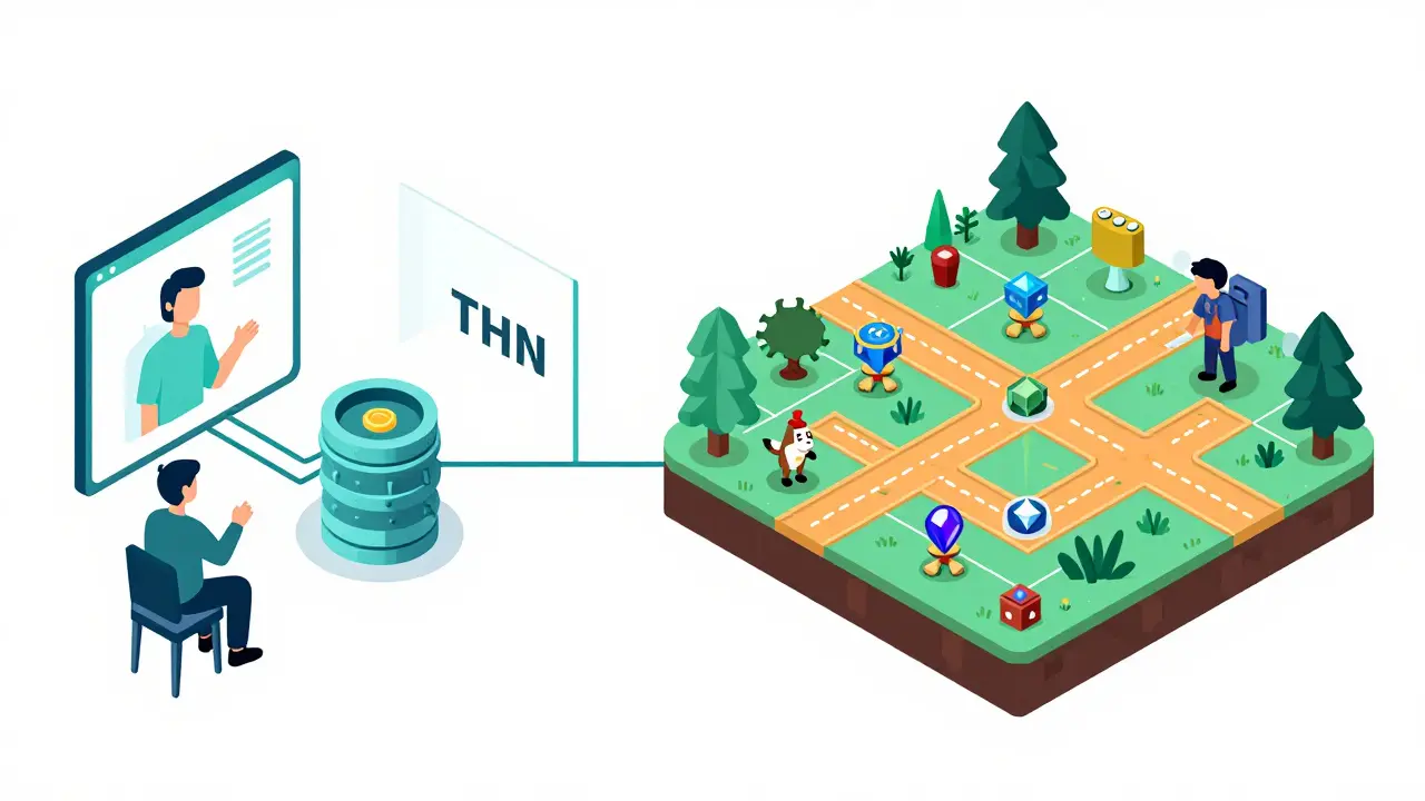 Schematische Darstellung: Wege zu THN-Token über Börsen-Challenges und Gaming