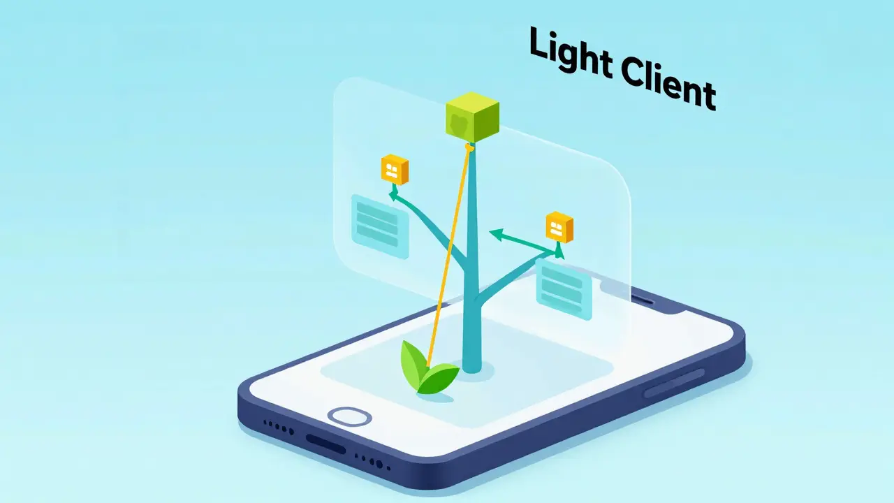 Smartphone-Wallet prüft eine Transaktion über einen effizienten Merkle-Pfad im Blockchain-Netzwerk.