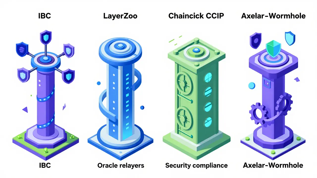 Technische Zeichnung der Architekturen von IBC, LayerZero, CCIP und Axelar