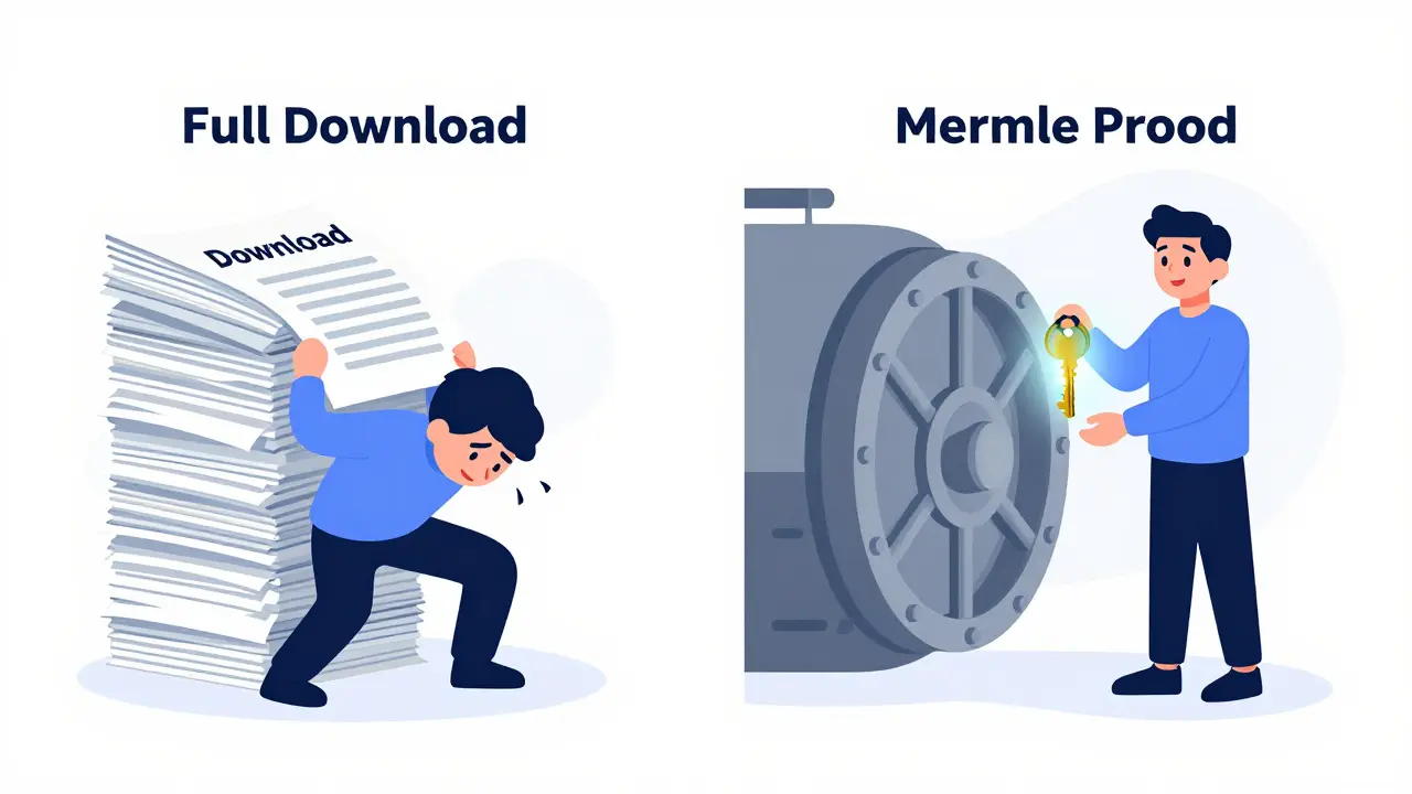 Vergleich der Effizienz: Schwerer Voll-Download gegenüber leichtem Merkle-Beweis für die Verifizierung.