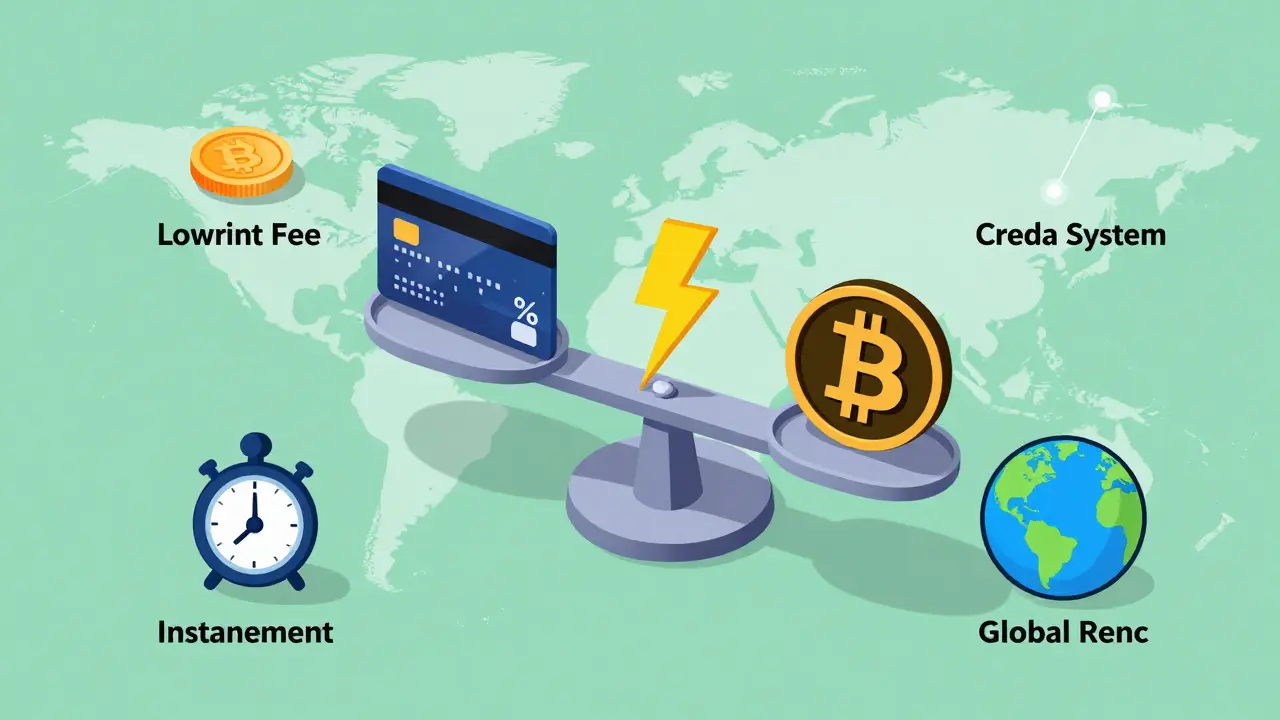 Vergleichsgrafik: Geringe Gebühren und Geschwindigkeit von Bitcoin