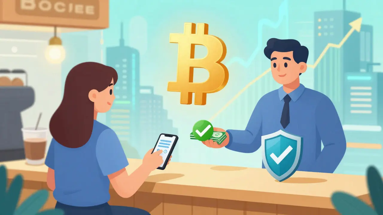 Zukunftsorientierte Illustration: Bitcoin als alltägliches Zahlungsmittel