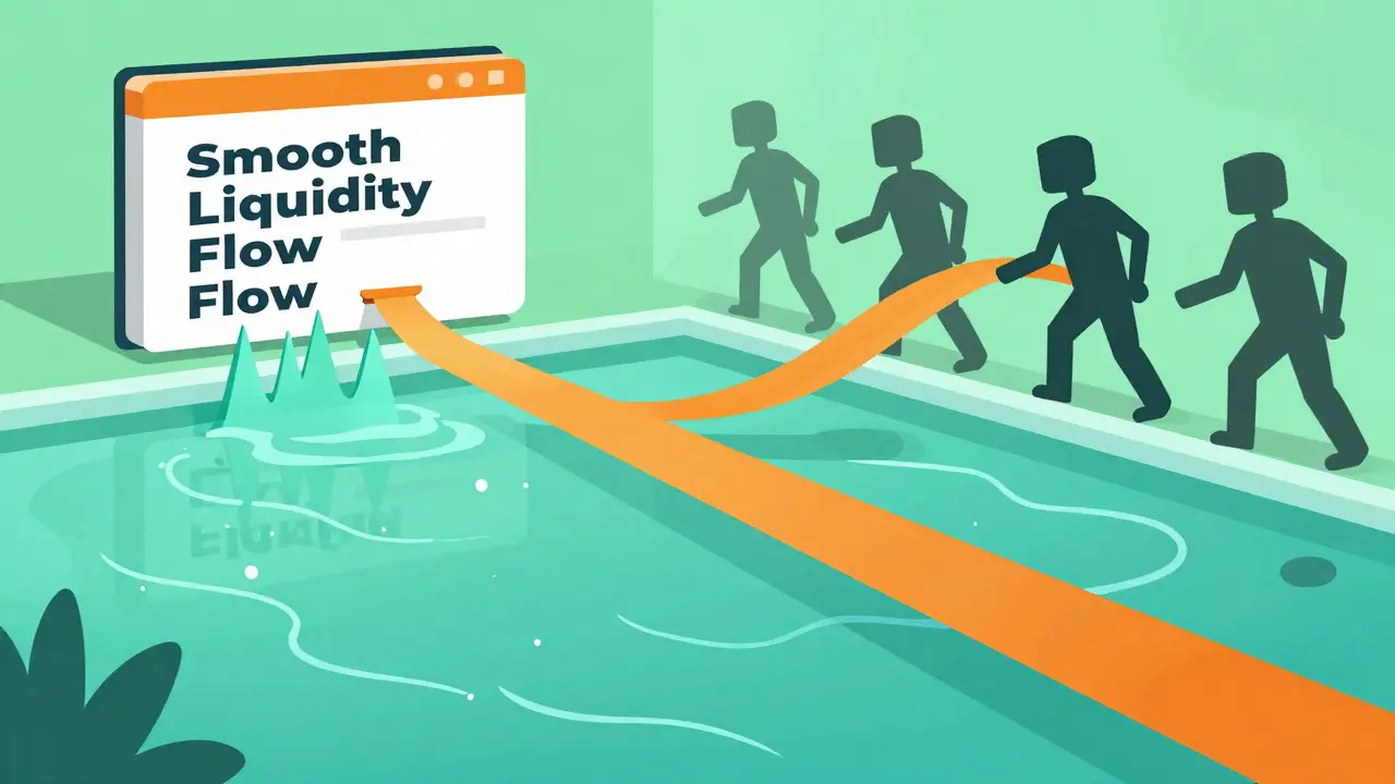 Illustration des Smooth Liquidity Flow Mechanismus im Vergleich zu traditionellem Trading