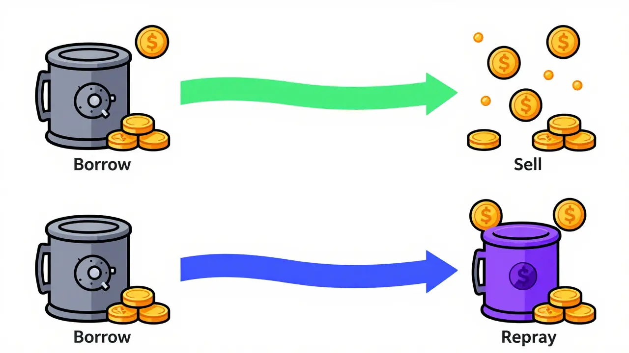 Schematische Darstellung des Arbitrage-Prozesses in vier Schritten