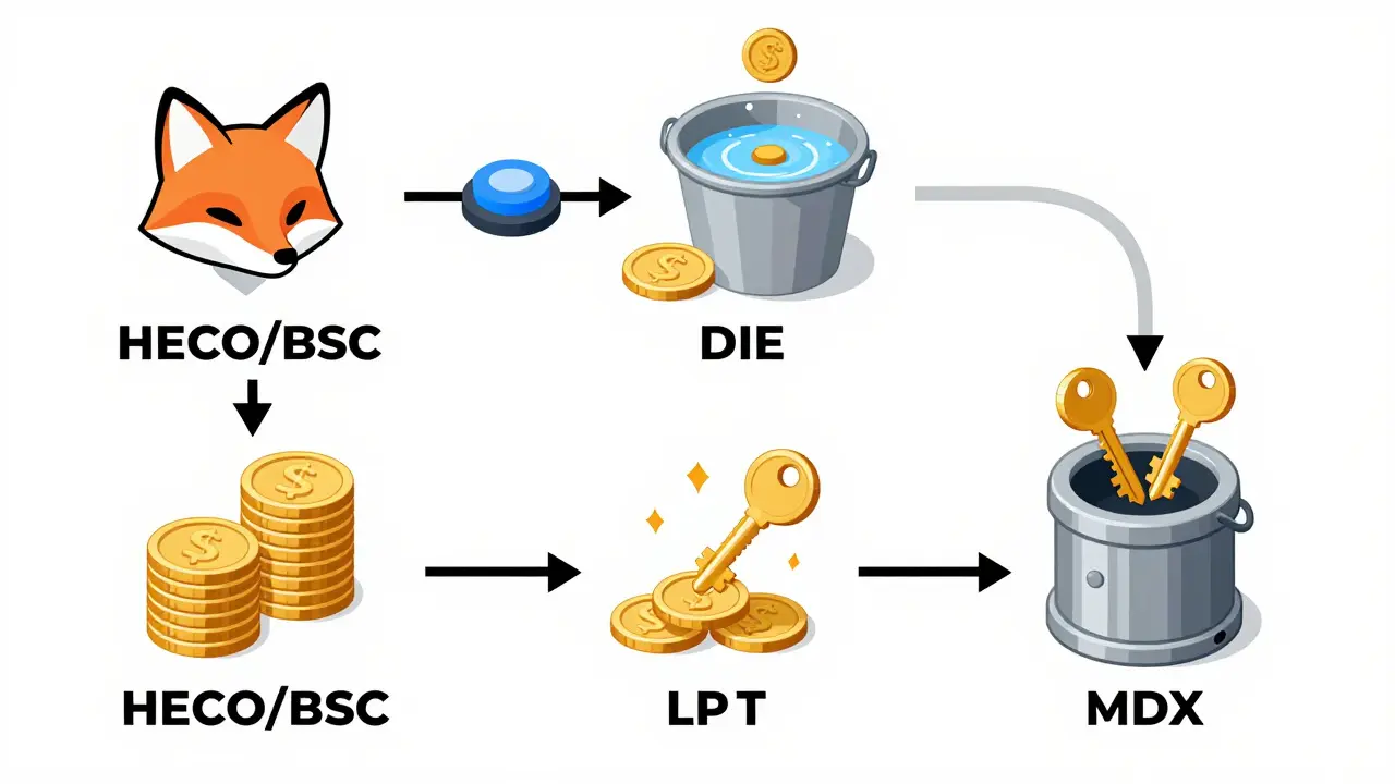Schritt-für-Schritt-Diagramm zur Teilnahme am MDEX Liquidity Mining und Staking