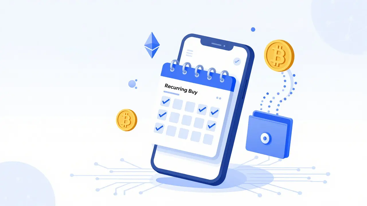 Tech illustration: Automated crypto savings plan on mobile device