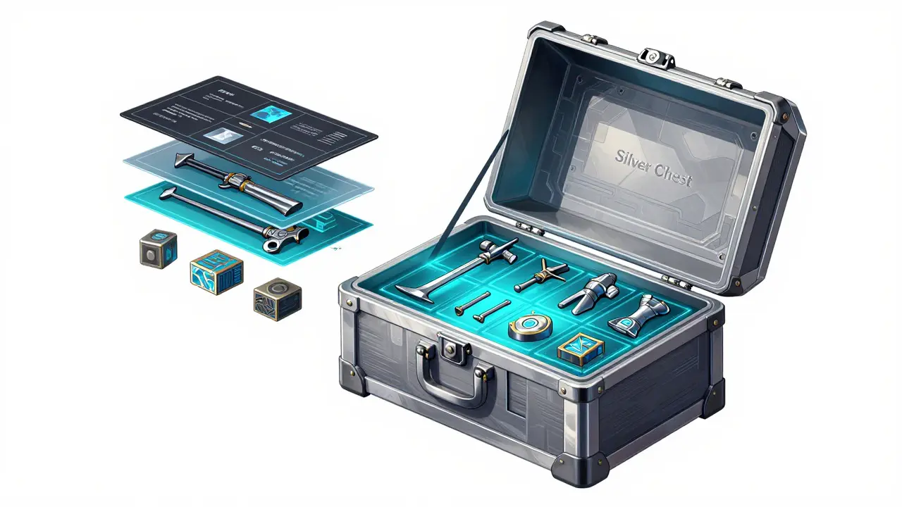 Technische Zeichnung eines offenen Silver Chest NFT mit Inhalten