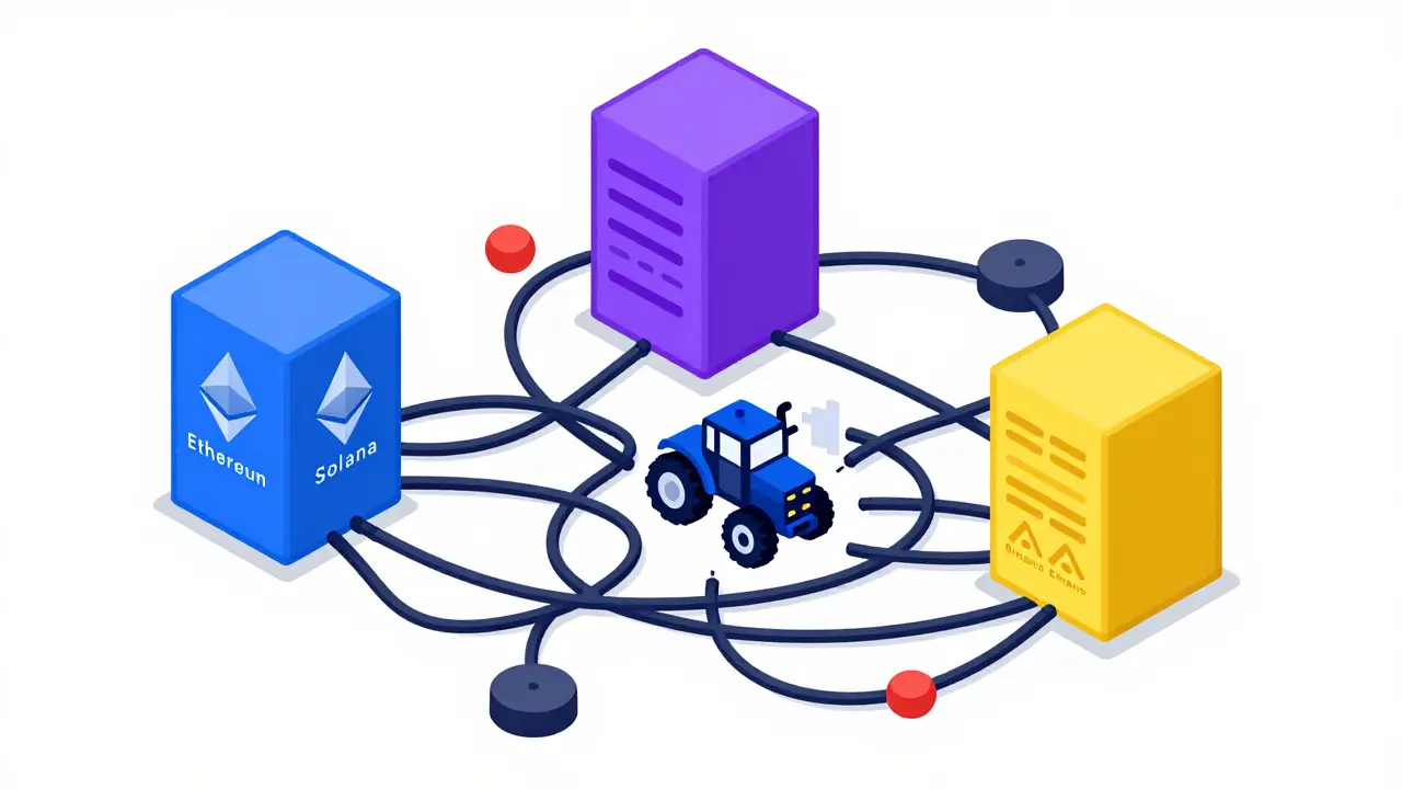 Verwirrende Knoten verschiedener Blockchains um ein Traktor-Symbol