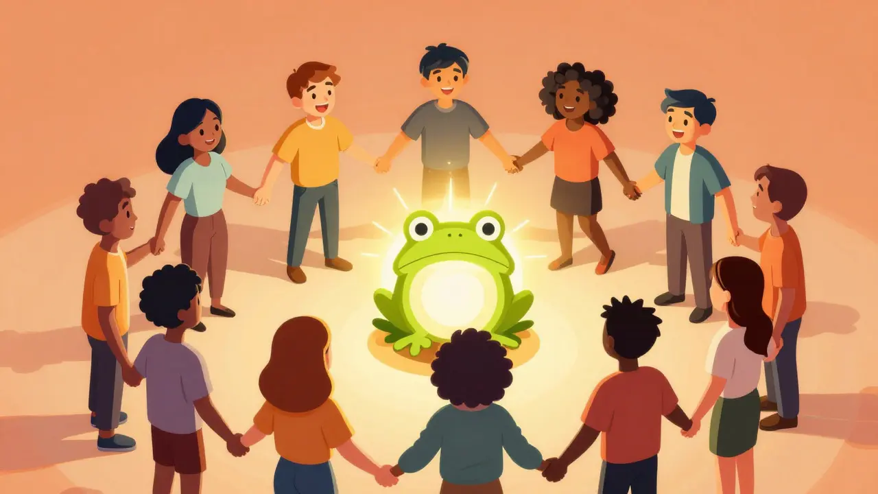 Cartoon-Illustration einer fröhlichen Menschenmenge im Kreis um ein leuchtendes Frosch-Symbol, das Gemeinschaft darstellt