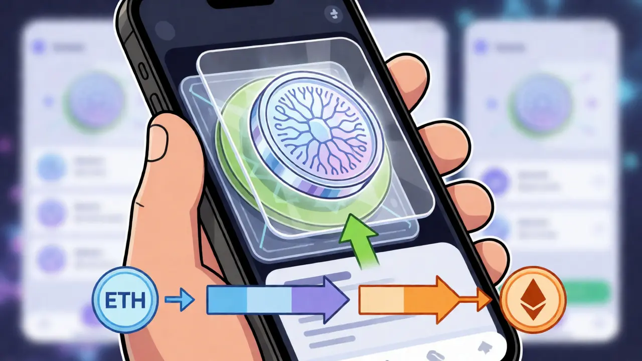 Digitale Token-Swap-Darstellung im Cartoon-Stil auf einem Smartphone