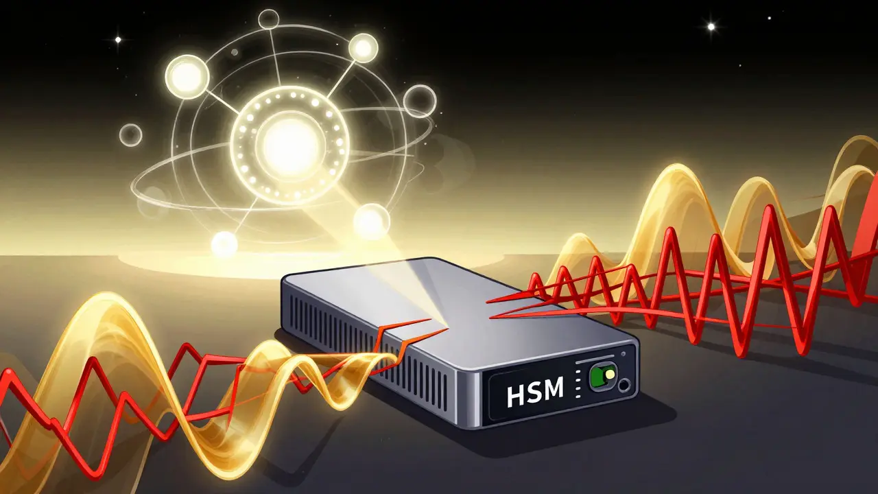 Futuristische Illustration eines quantenresistenten HSMs, das klassische Verschlüsselung in sichere Algorithmen umwandelt