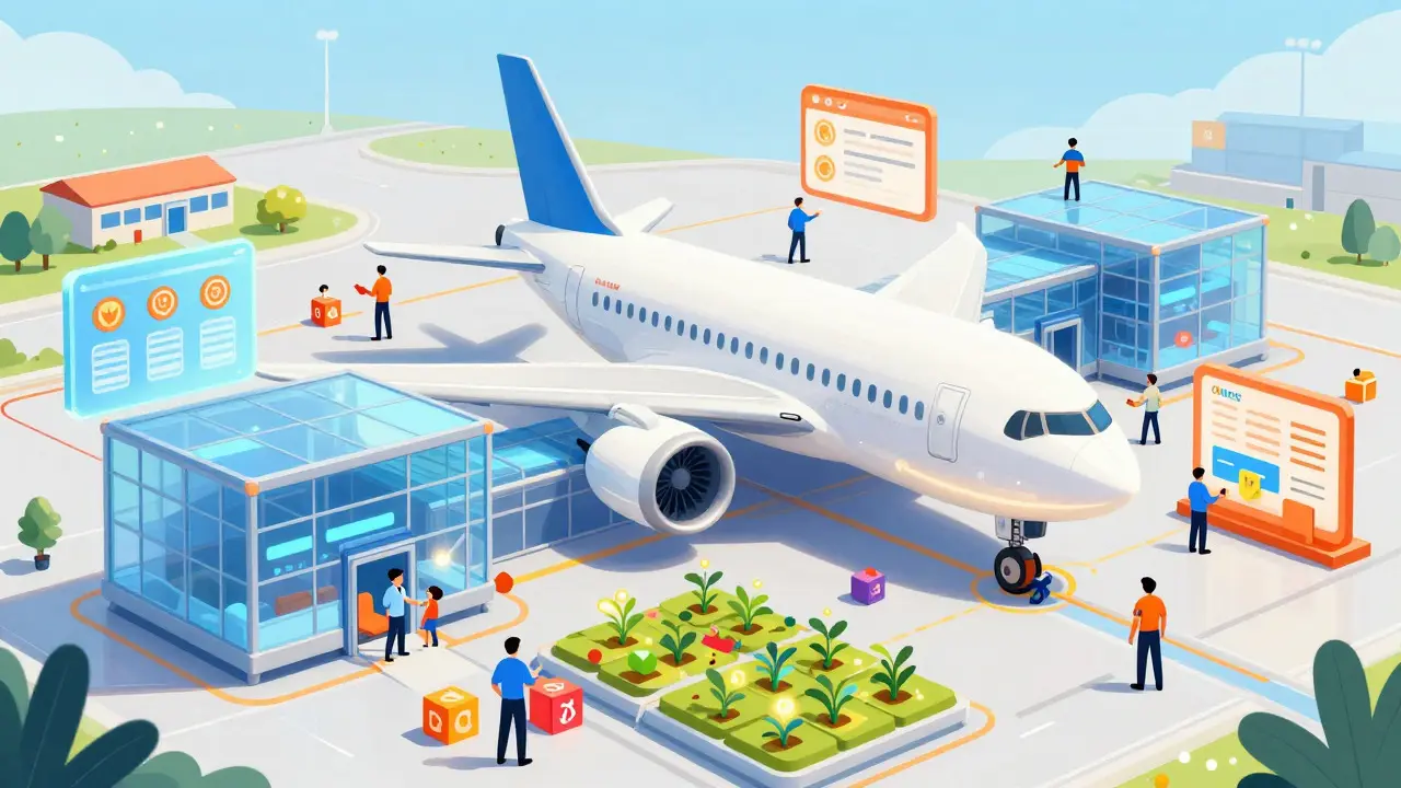 Futuristisches Terminal, das das Aerodrome-Ökosystem und Governance-Funktionen darstellt