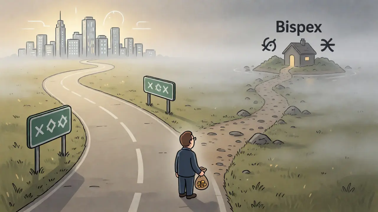Illustration: Investor an einer Kreuzung zwischen sicherem Weg und unsicherer Nische.