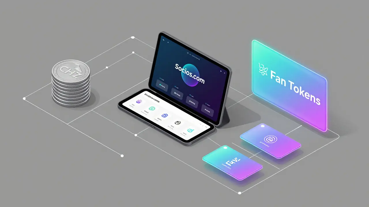 Isometrische Grafik: CHZ-Token, Socios-Plattform und Fan-Tokens