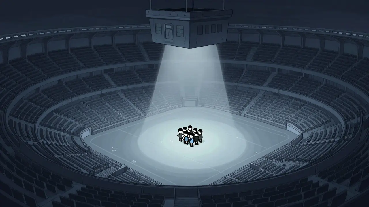 Konzeptbild einer leeren digitalen Arena mit wenigen Nutzern und zentraler Börsenkontrolle.