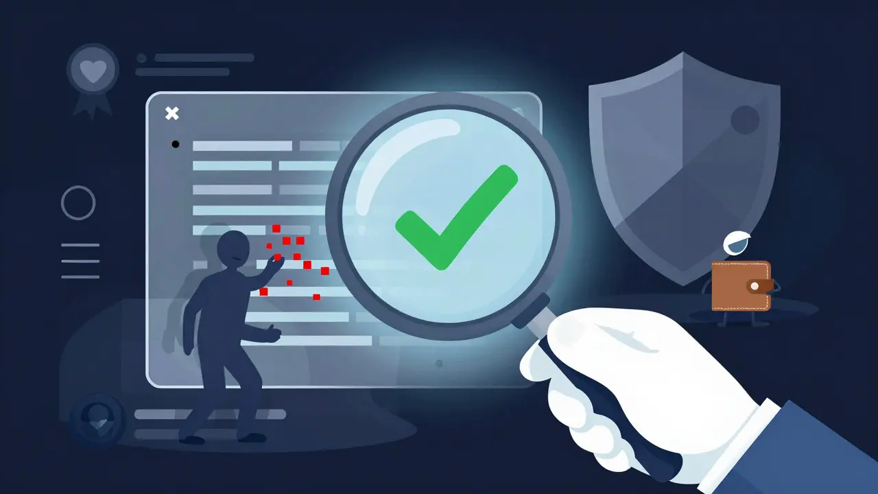 Lupe prüft einen Smart Contract vor schattigen Scam-Figuren im Hintergrund