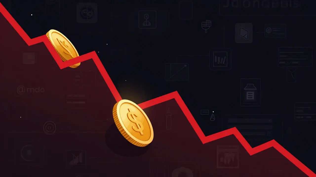 Metaphorische Darstellung des massiven Preisverfalls des WOOP-Tokens auf einem fallenden Chart.