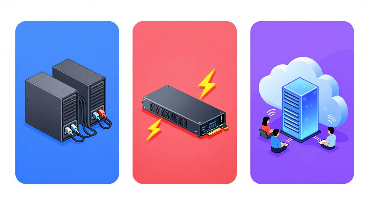 Schematische Cartoon-Darstellung der drei HSM-Deployment-Modelle: Netzwerk, PCIe und Cloud