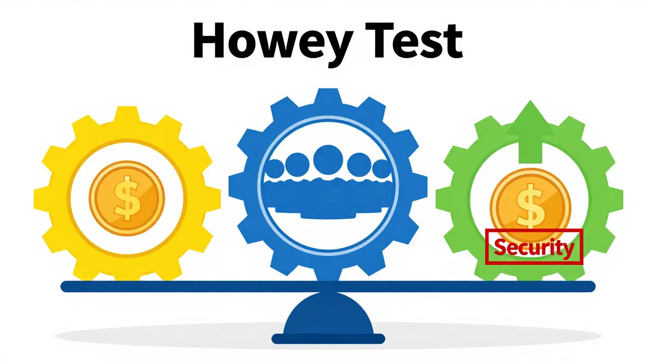 Schematische Darstellung des Howey Tests mit drei Kriterien als Waage