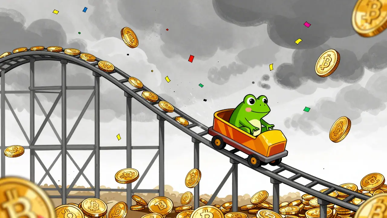 Technische Cartoon-Illustration einer Achterbahn aus Münzen, die steil abfällt, mit einem kleinen Frosch-Charakter