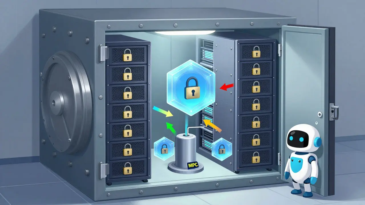 Technische Illustration eines sicheren Vaults mit MPC-Technologie und Servern