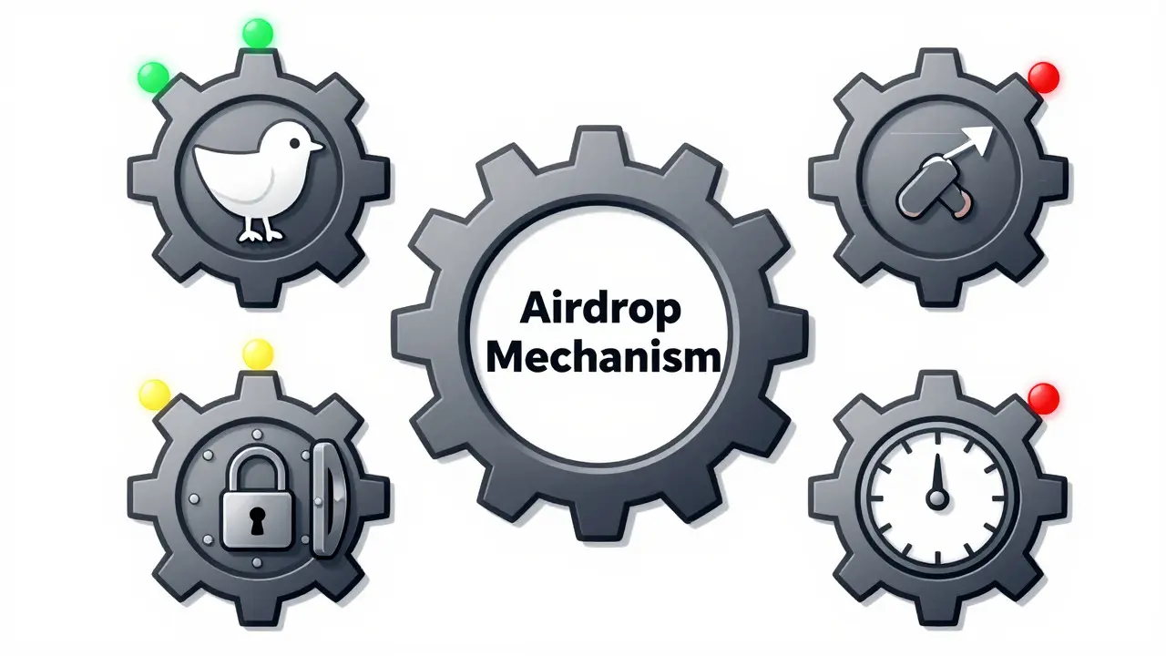 Technische Illustration von vier verschiedenen Krypto-Airdrop-Typen als ineinandergreifende Zahnräder