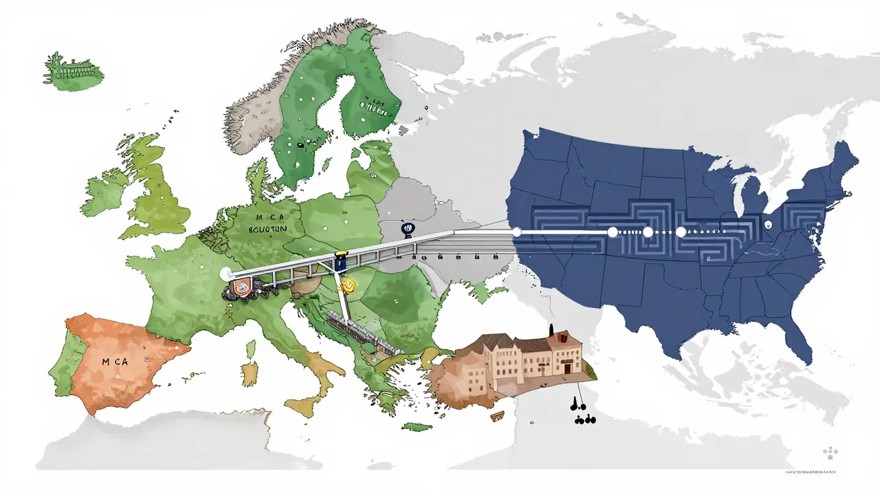 Vergleich der Regulierungsansätze in Europa und den USA auf einer Karte