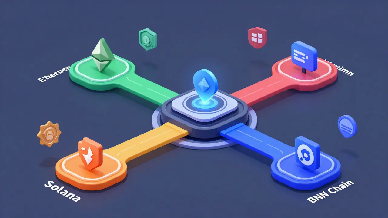 Zukünftige Interoperabilität zwischen verschiedenen Blockchains über ein zentrales Metadaten-Hub