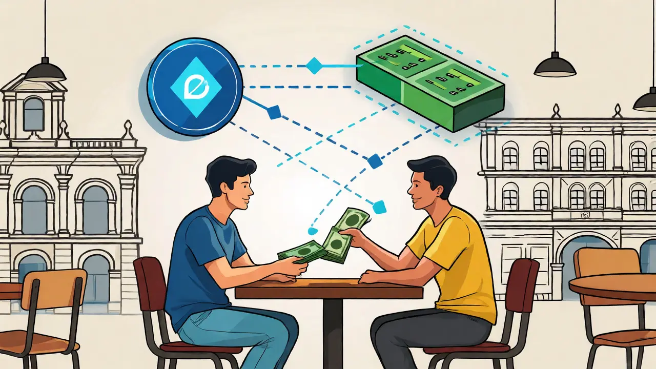 Diagramm einer P2P-Krypto-Transaktion in einem ecuadorianischen Café.
