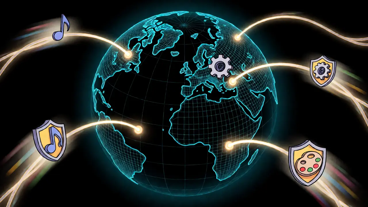 Globaler Handel mit IP-Rechten über Blockchain-Netzwerke zwischen verschiedenen Metropolen