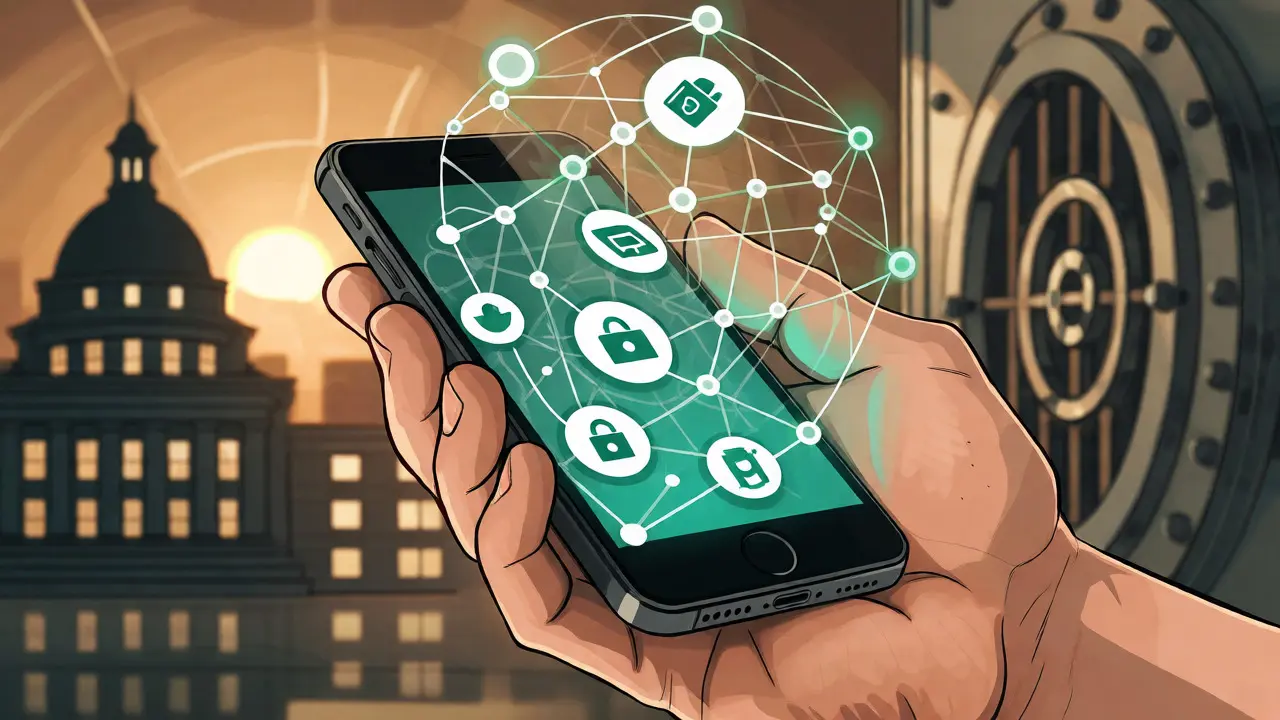 Hände mit Smartphone und schützendem digitalen Netzwerk für sichere Transaktionen