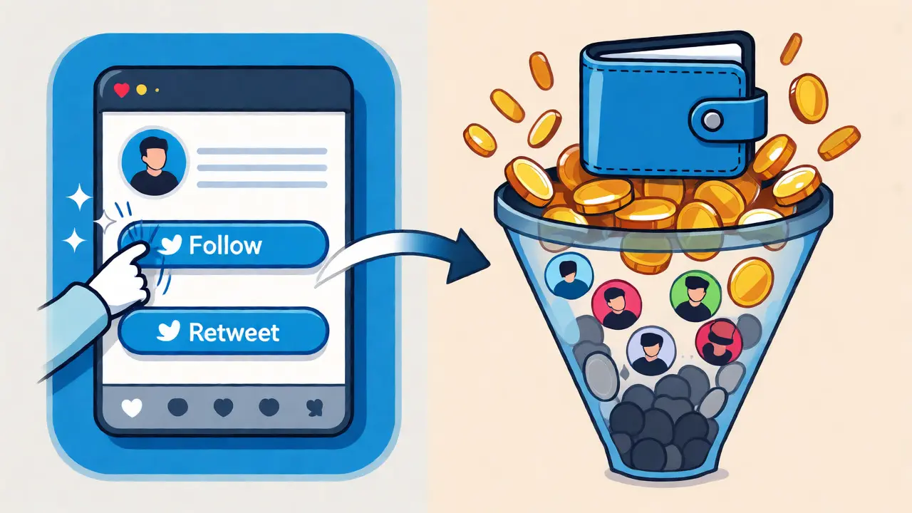 Illustration des Airdrop-Prozesses von Social-Media-Aufgaben zur Token-Belohnung