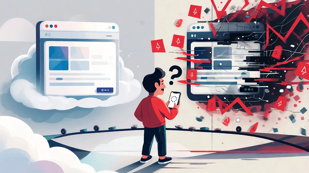 Illustration des Konflikts zwischen Marketing-Versprechen und technischen Fehlern