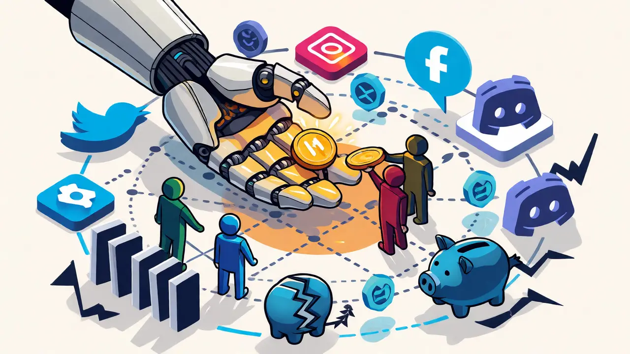 Illustration einer Community, die Token an Geschädigte von Betrügereien verteilt.