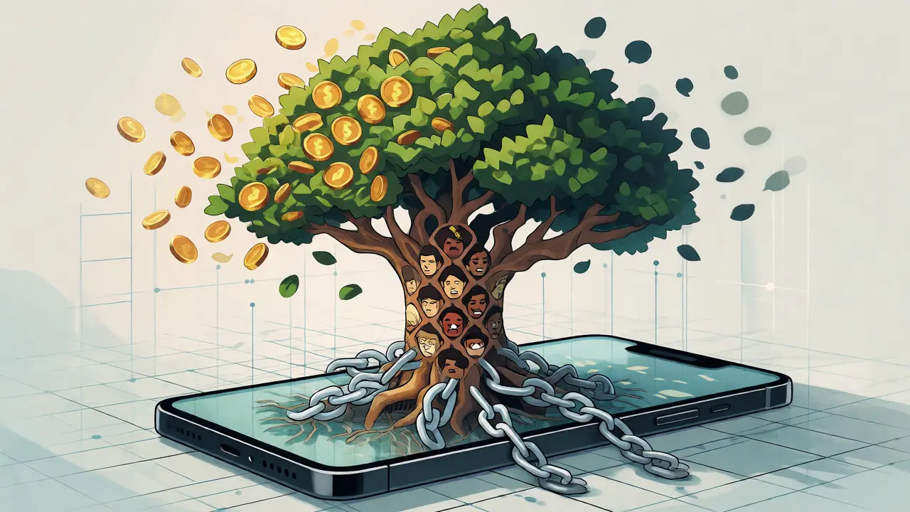 Konzeptgrafik eines Baumes mit Blockchain-Wurzeln für nachhaltiges Gaming