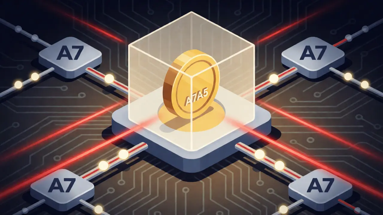Konzeptuelle Abbildung des A7A5-Stablecoins als Schutzschild gegen US-Sanktionen im Blockchain-Netzwerk.