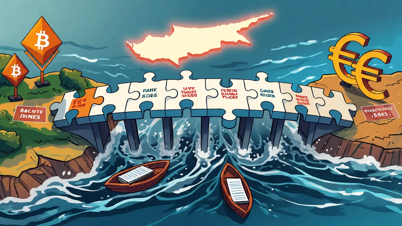 Konzeptuelle Brücke zwischen Krypto-Symbolen und Euro über riskantem Wasser