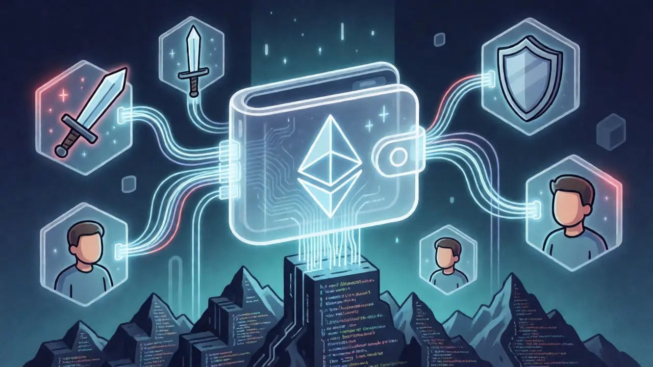 Konzeptuelle Darstellung der Ethereum-Blockchain für Gaming-NFTs und Risiken.
