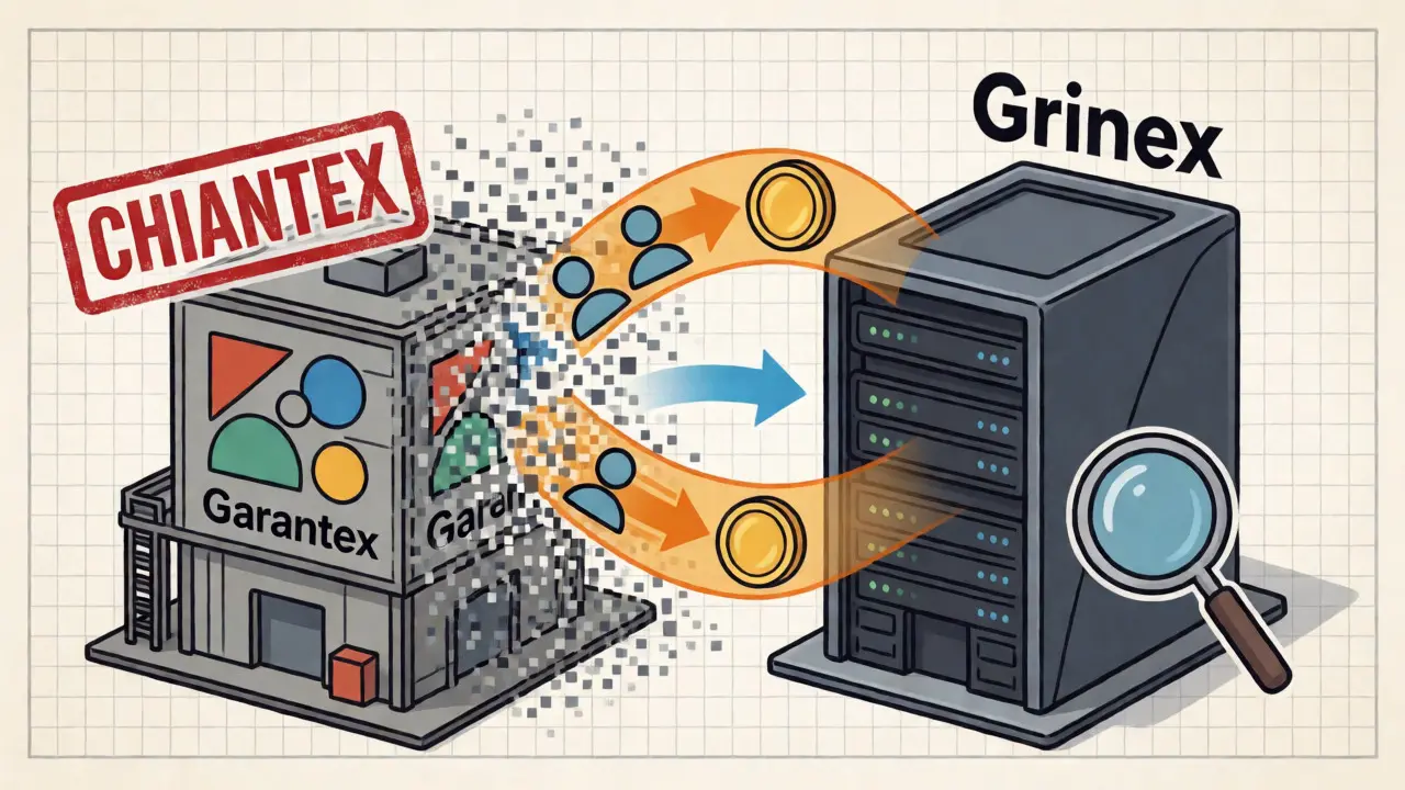 Schema einer Krypto-Börse, die sich von Garantex zu Grinex transformiert.