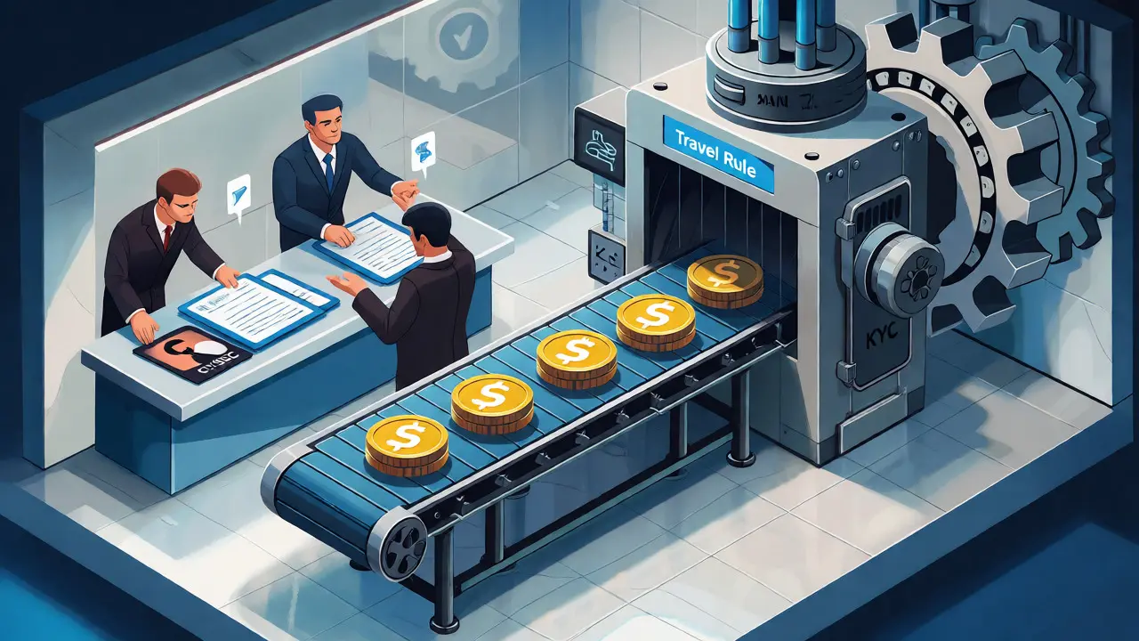 Technische Darstellung der Travel Rule als Sicherheitskontrolle in einer Bank