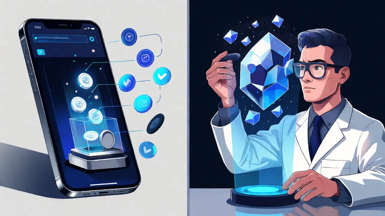 Technische Illustration von Token-Staking und IP-Tokenisierung in der Wissenschaft.