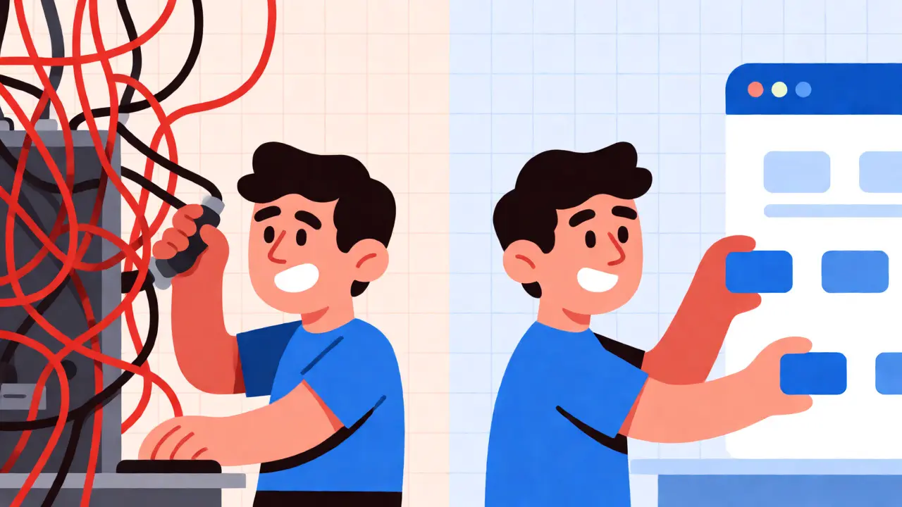 Vergleich von komplexer und vereinfachter DApp-Entwicklung in Cartoon-Stil