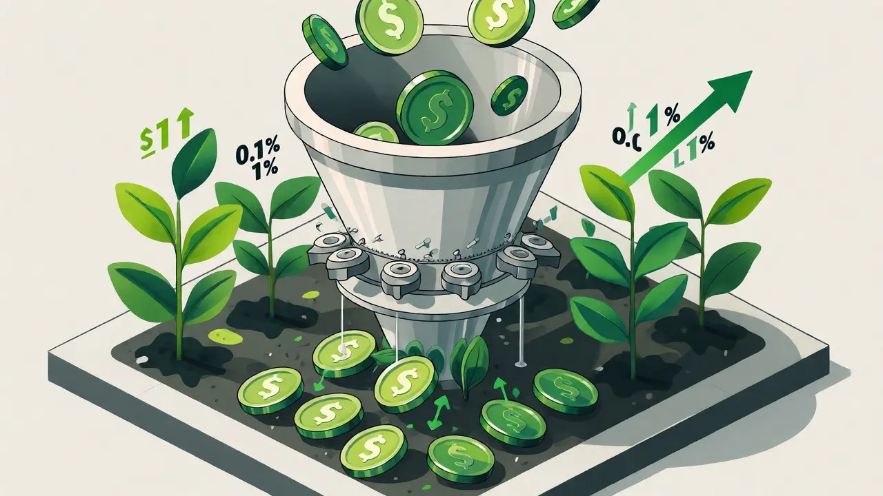 Diagramm illustriert den Weg von Krypto-Assets durch eine Börse, wobei Gebühren abgezogen werden und Staking-Renditen entstehen.