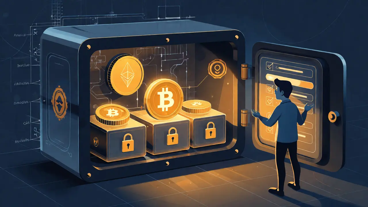 Schematische Darstellung eines digitalen Tresors mit Cold Storage für Kryptowährungen und Sicherheitsfunktionen wie Zwei-Faktor-Authentifizierung.