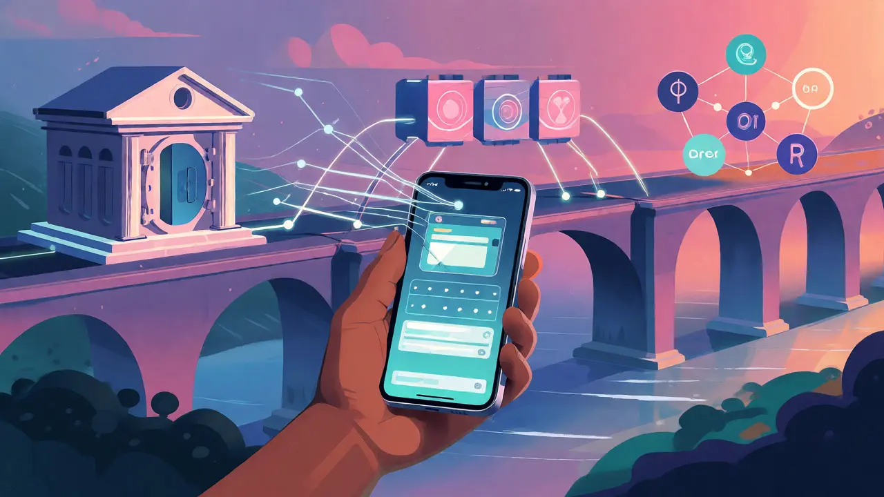 Technische Illustration der Brücke zwischen traditionellem Banking und Krypto via Drex.